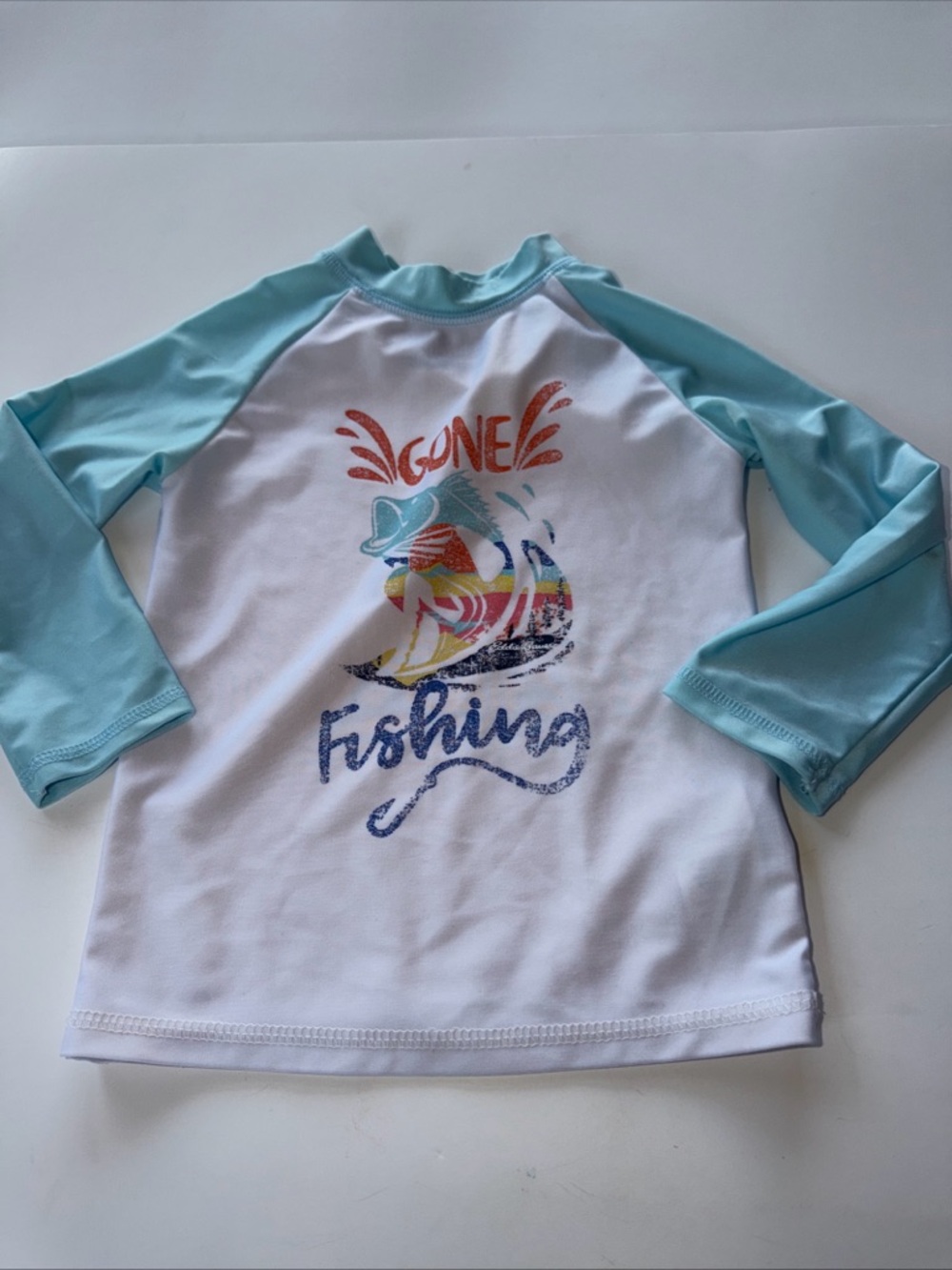 Eddie Bauer Boys 2T Long Sleeve Rash Guard Swim White Blue Fishing Swim Shirt